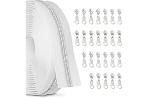 Zynzaoacs #5 Zipper by The Yard with Pulls, Continuous White Tape (10Yds) and Rust-Proof Silver Metal Pulls (25Pcs), Bulk Zippers for Sewing Bags and Purses, Cuttable Nylon Zipper Roll