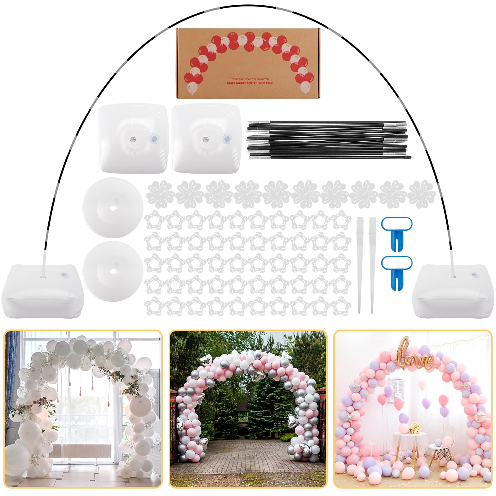 Photo 1 of RUBFAC Balloon Arch Kit, 10ft Wide Adjustable Balloon Arch Stand with Water Fillable Base, 60pcs Balloon Clip, Balloon Strip, Tie Tool, for Wedding Birthday Party Supplies Halloween Decoration