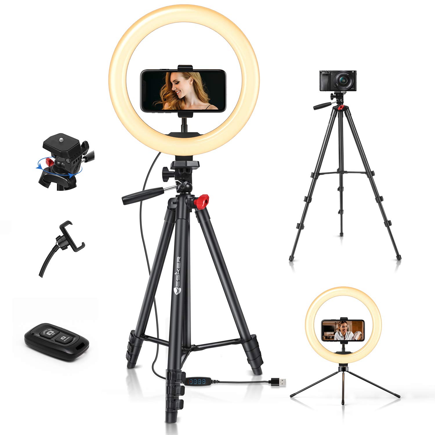 Yesker 10'' Ring Light with 51” Tripod Flexible Stand LED Selfie RingLight 10 Brightness with Camera Remote Shutter Phone Holder for TikTok YouTube Video Live Stream Makeup…