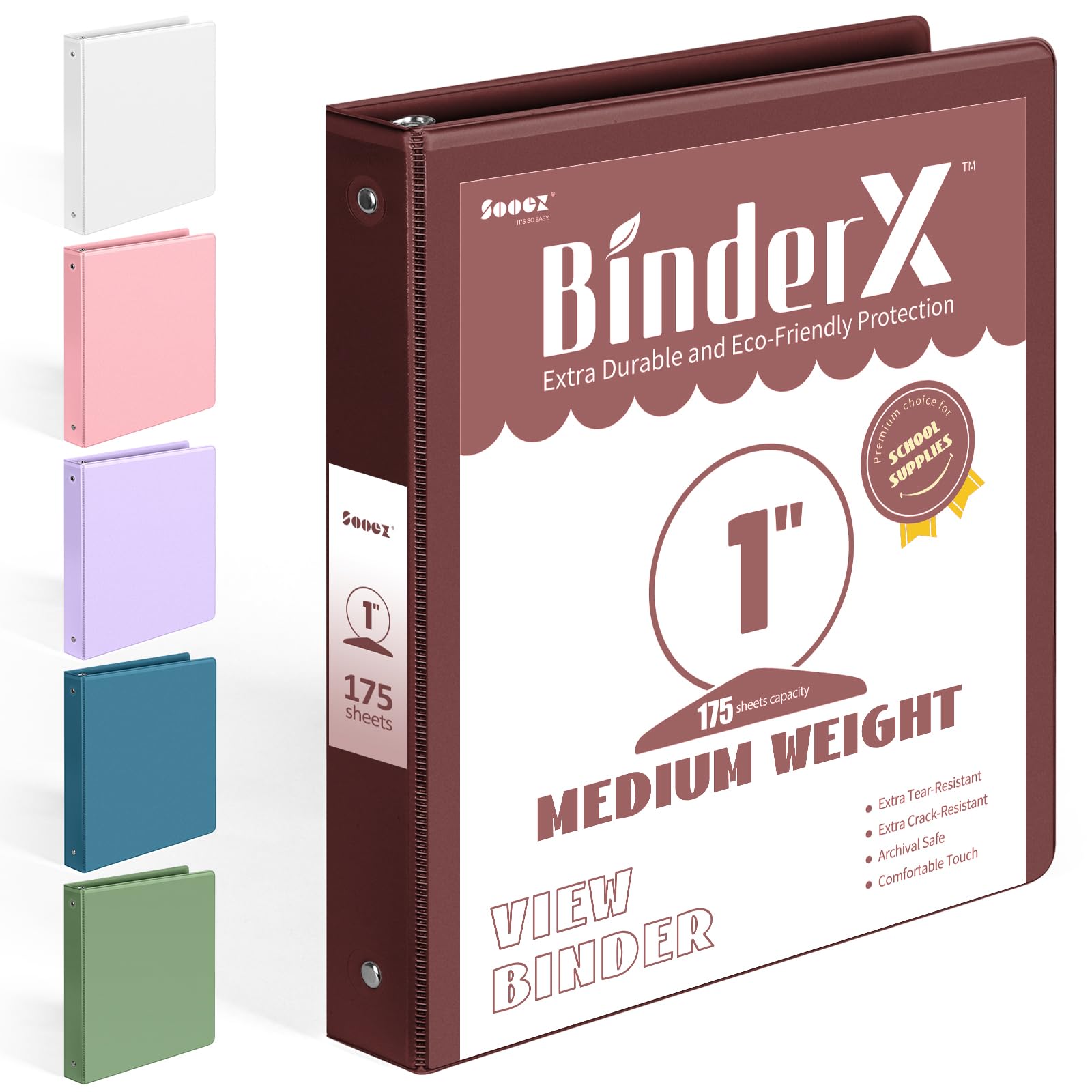 Photo 1 of BinderX Extra Durable 3 Ring Binder, Round Ring 1 Inch, Fits 175 Sheets, Customizable View Cover, School Supplies for Girls, Burgundy Red