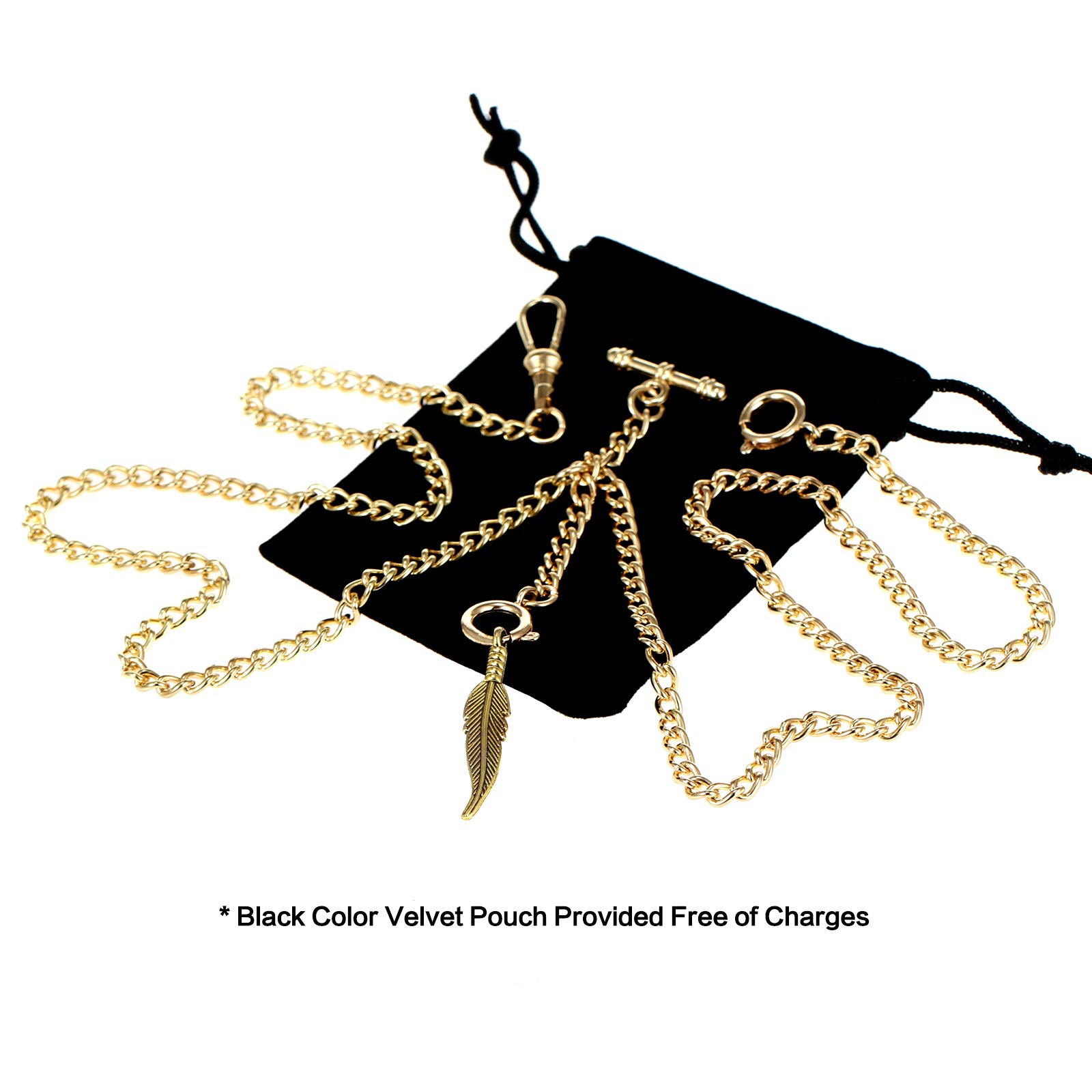 TREEWETO Men's Double Albert Chain Pocket Watch Curb Link Key Chain 3 Hooks with Antique Leaf Pendant Charm Design Copper Fob T Bar