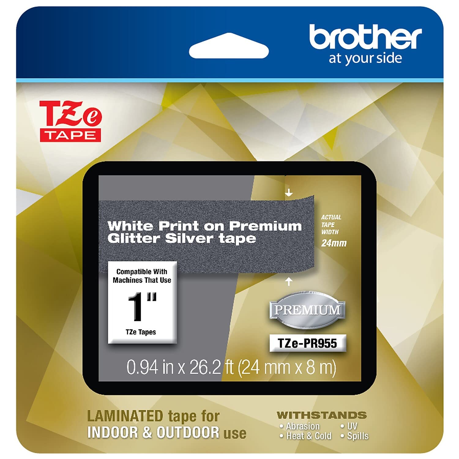 Brother TZEPR955 P-touch TZe-PR955 White Print on Premium Glitter Silver Laminated Tape 24mm (0.94