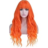 MAGQOO Orange Wigs for Women Long Curly Wavy Flame Fire Ombre Wig with Bangs Colorful Funny Synthetic Heat Resistant Cosplay Costume Party