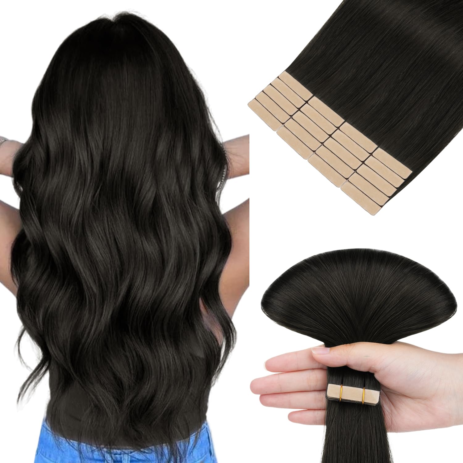 hotbanana Tape in Hair Extensions, 18 Inch Tape in Hair Extensions Human Hair 20pcs 50g Natural Black Tape Hair Extensions Straight Remy Human Hair Tape in Extensions — image 1