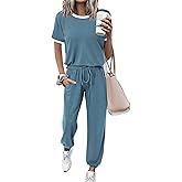MASCOMODA Womens 2 Piece Outfits 2026 Summer Tracksuit Sets Short Sleeve Tops Travel Long Pants Jogger Lounge Set
