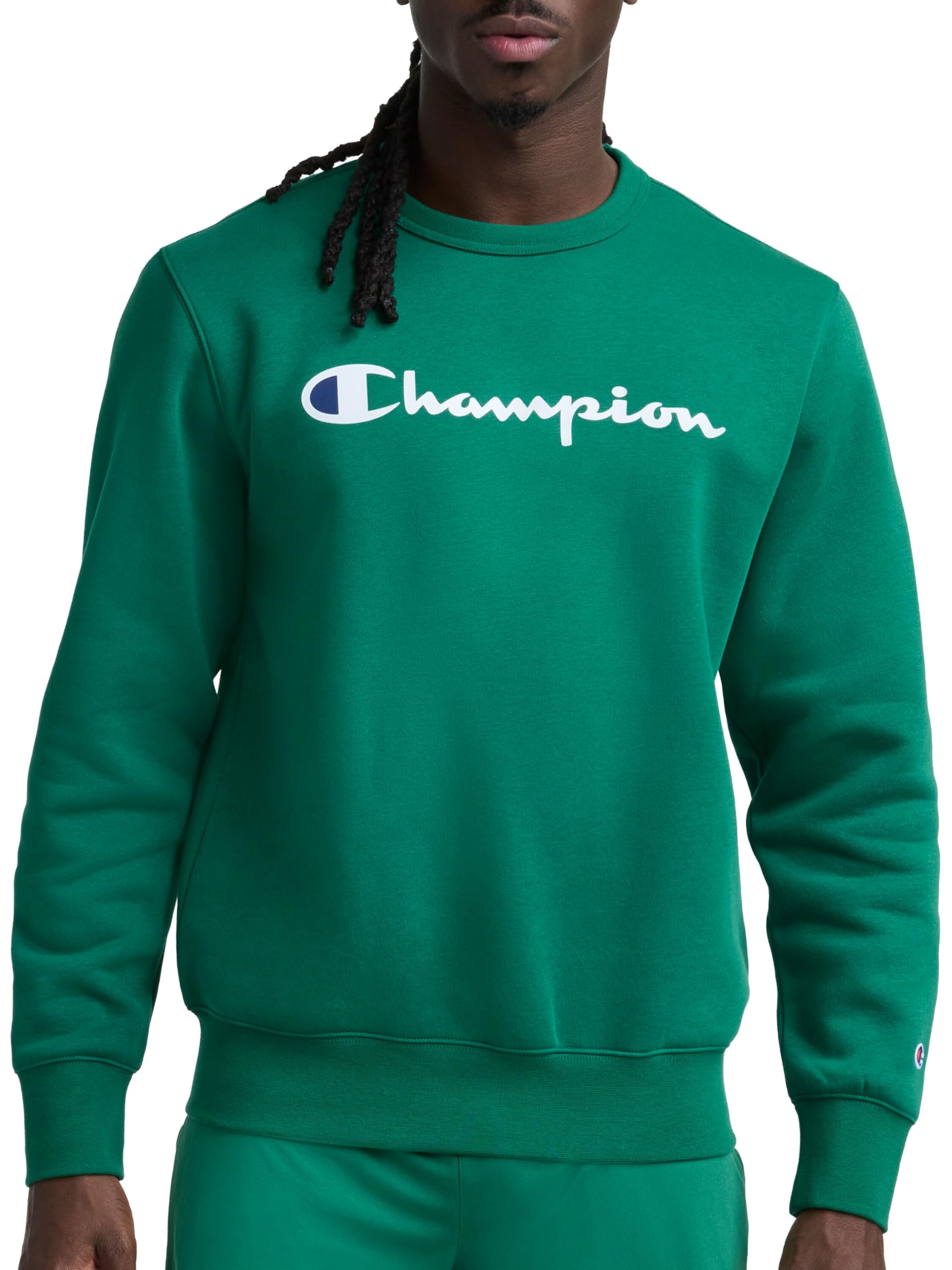 Champion Men’s Crewneck Fleece Sweatshirt, Standard Fit, Midweight, Script Logo, Available in Regular and Big & Tall, Verdant Green – Classic Script Logo, Medium