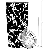 QruKinx Skeleton 20 oz Tumbler, Skull Stainless Steel Insulated Travel Mug with Telescopic Straw, Reusable Coffee Cup Gift for Men and Women, Spooky and Halloween Thermal To-go Tumbler
