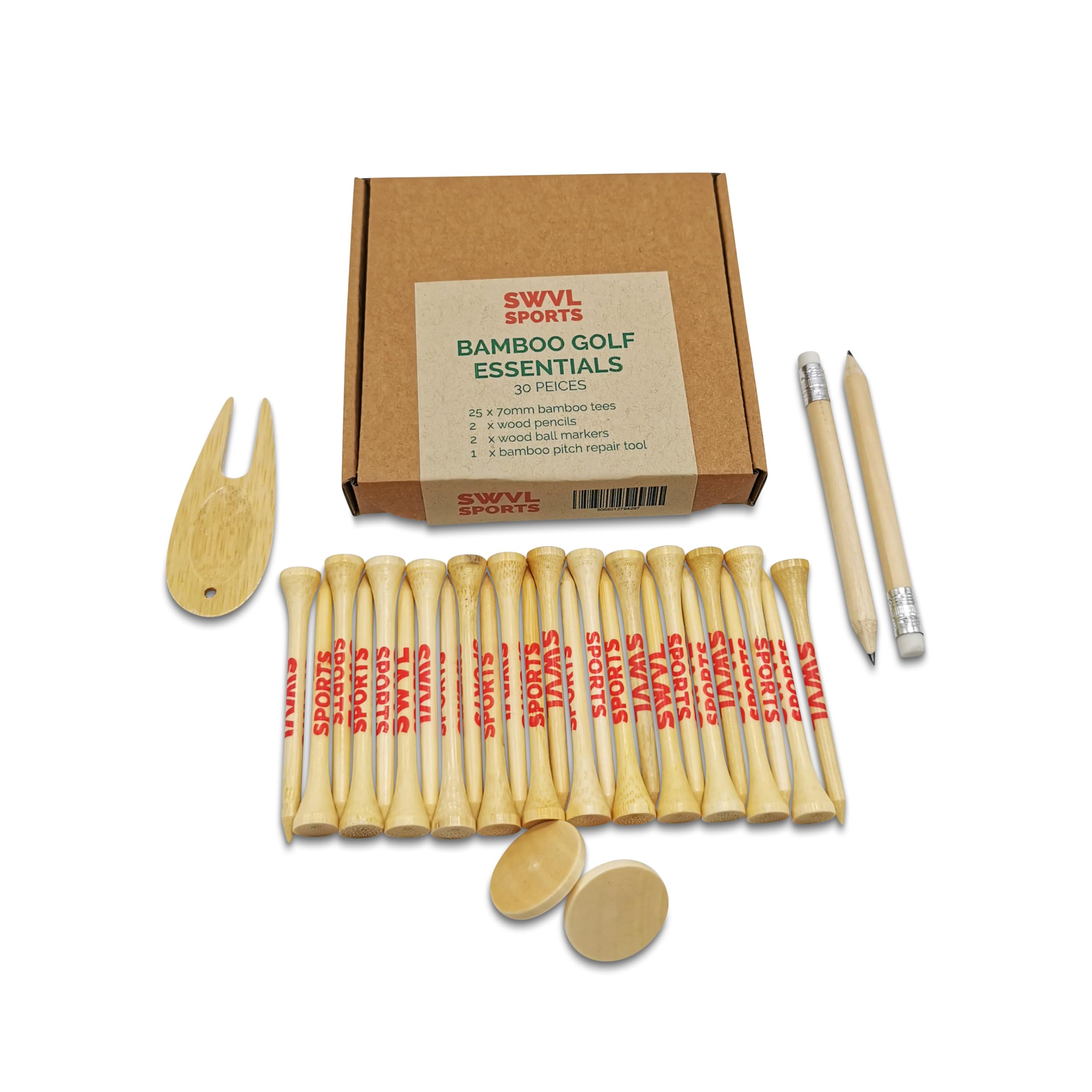 SWVL Sports Bamboo On-Course Essentials | Tees, Pencils, Ball Markers and Pitch Mark Repairer | 30 Peices