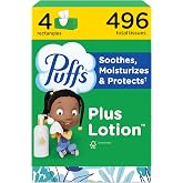 Puffs Facial Tissues Plus Lotion, 4 Family Boxes, 124 Facial Tissues per Box, Allergies and Colds (Packaging May Vary)