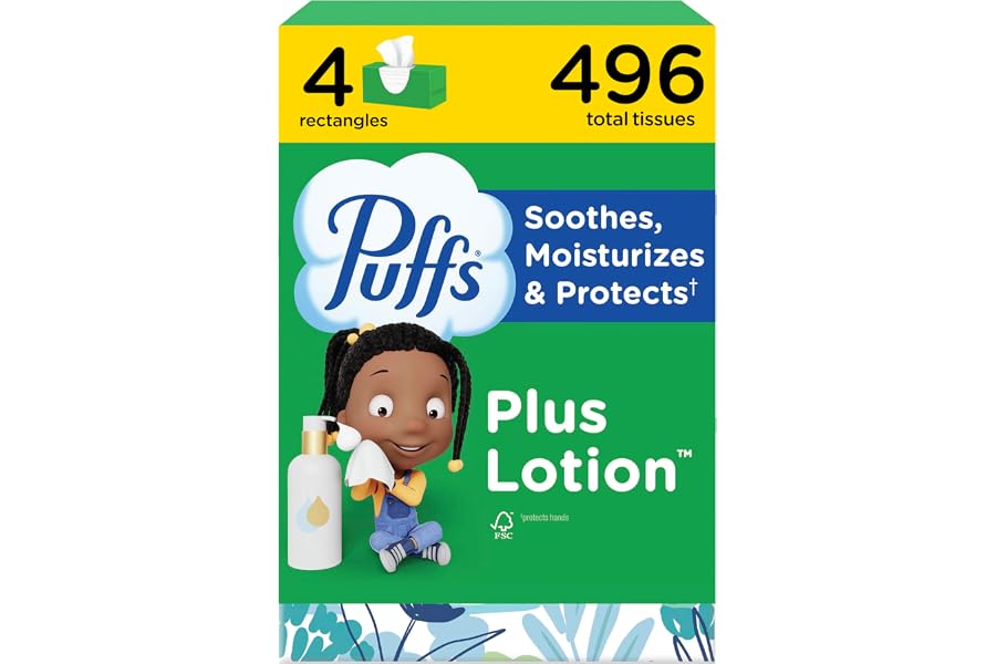 Puffs Facial Tissues Plus Lotion, 4 Family Boxes, 124 Facial Tissues per Box, Allergies and Colds (Packaging May Vary)