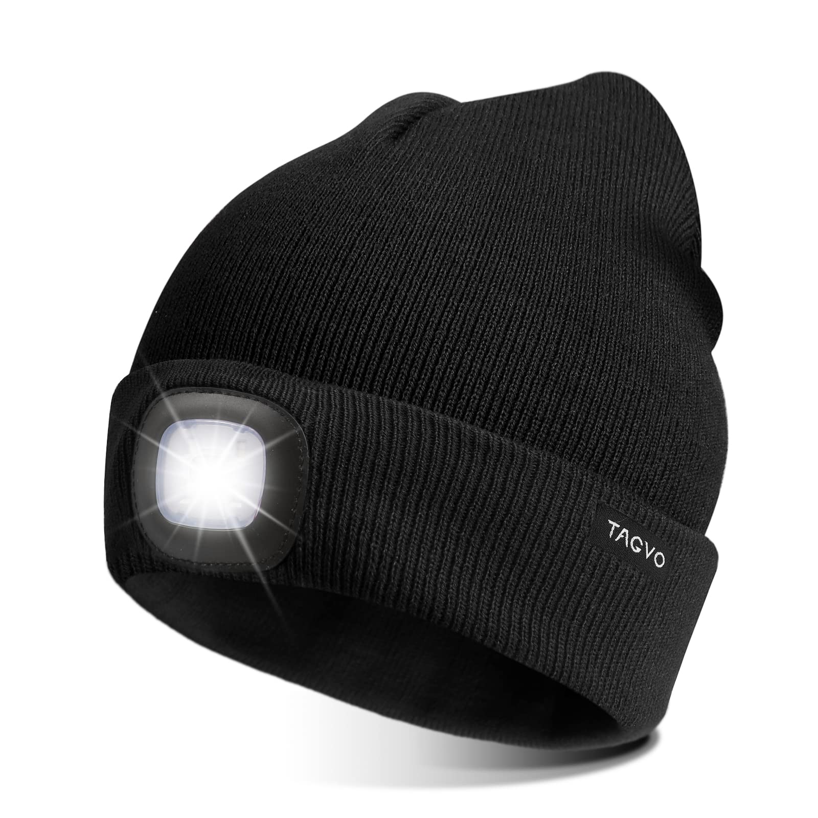 TAGVO USB Rechargeable LED Beanie Cap, Lighting and Flashing Alarm Modes 8 LED Hands Free Flashlight, Easy Install Quick Release Headlamp Beanie, Unisex Winter Warmer Knit Cap Hat - Black