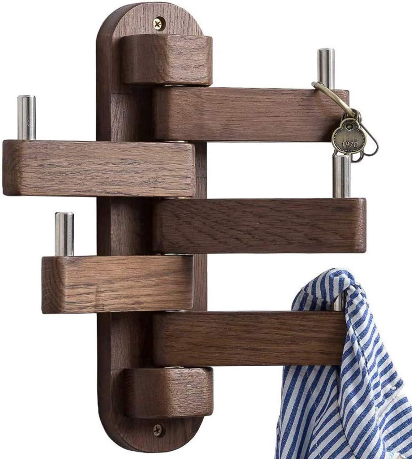 Fransande Coat Hooks, Oak Wood Swivel Hooks Wall Mounted Towel Hook with 5 Folding Swing Arms