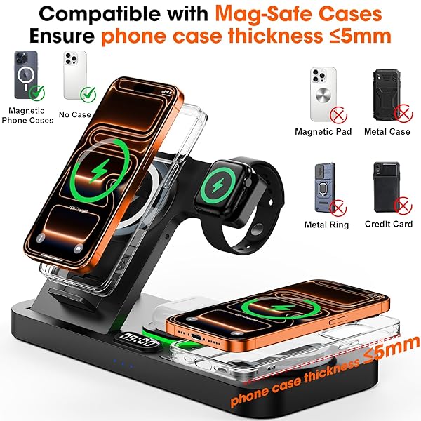 DUAL PHONE MAGNETIC WIRELESS CHARGING STATION FOR APPLE DEVICES/APPLE ECOSYSTEM,WITH AUTO-SWITCH 7-COLOR LIGHT & CLOCK, COMPATIBLE WITH IPHONE 17/16/15, FOR IWATCH 11/10/9 & AIRPODS PRO3（BLACK