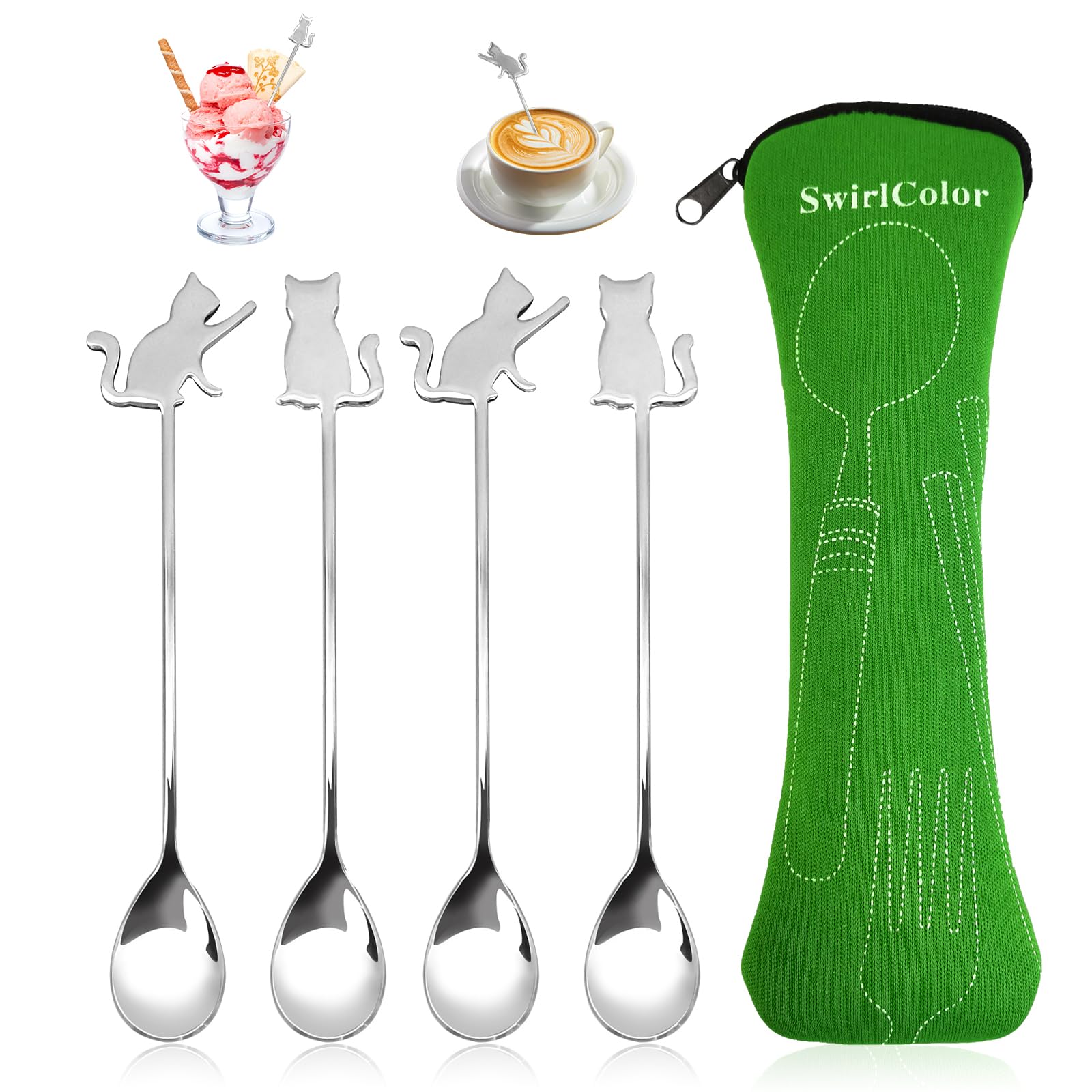 SwirlColor Dessert Spoons 4pcs, Lovely Stainless Steel Cat Spoons Cute Coffee Ice Cream Tea Cake Small Spoons with Cutlery Bag for Home Camping Picnic