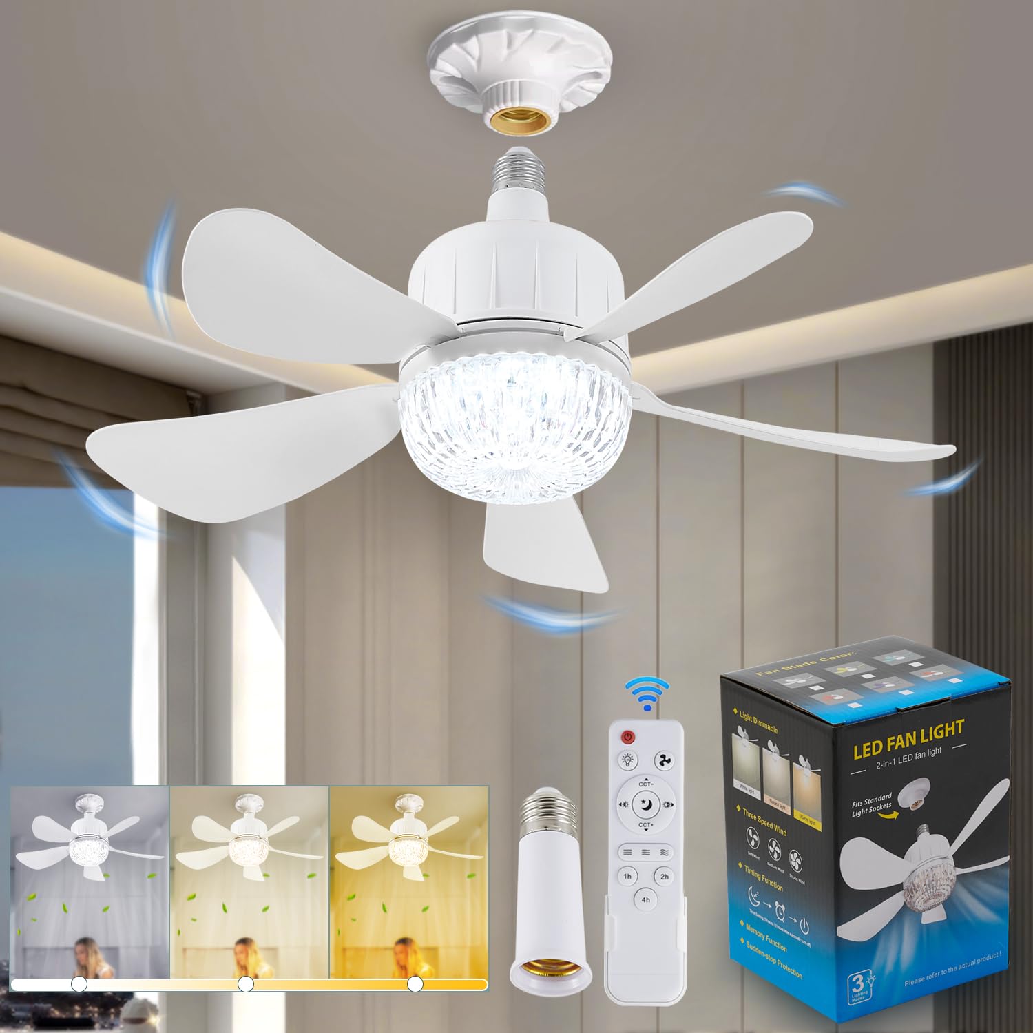 Dalouguan Socket Fan Light with Remote, 18" Clear