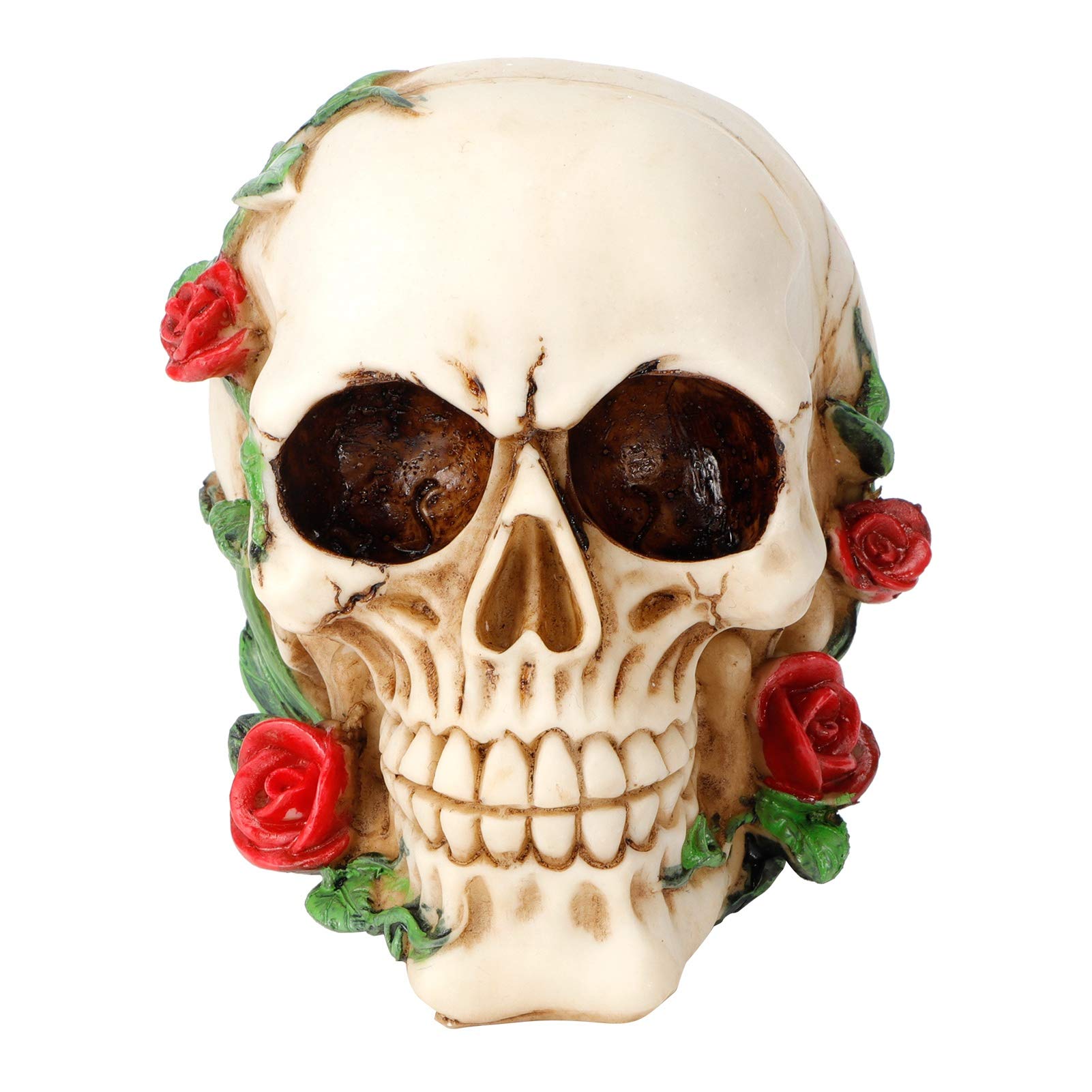 Cikonielf Resin Figurine Skull Skeleton With Rose Flower Horrible Head Sculpture Crafts for Festive Home Decoration