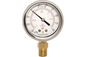 DURACHOICE 2" Oil Filled Vaccum Pressure Gauge - Stainless Steel Case, Brass, 1/4" NPT, Lower Mount Connection, 30HG/30PSI