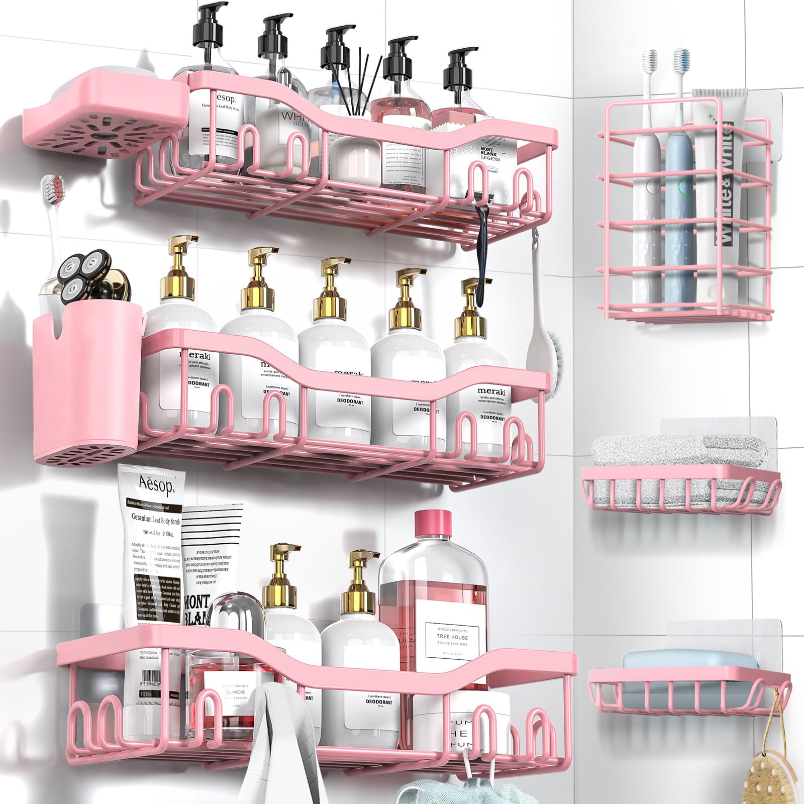 NESOMI Shower Caddy Adhesive Shower Organizer 8-Pack, Rustproof Stainless Steel Bathroom Shelves, Large Capacity No-Drill Rack Storage Accessories with Soap Dish Toothbrush Holder Hooks Image