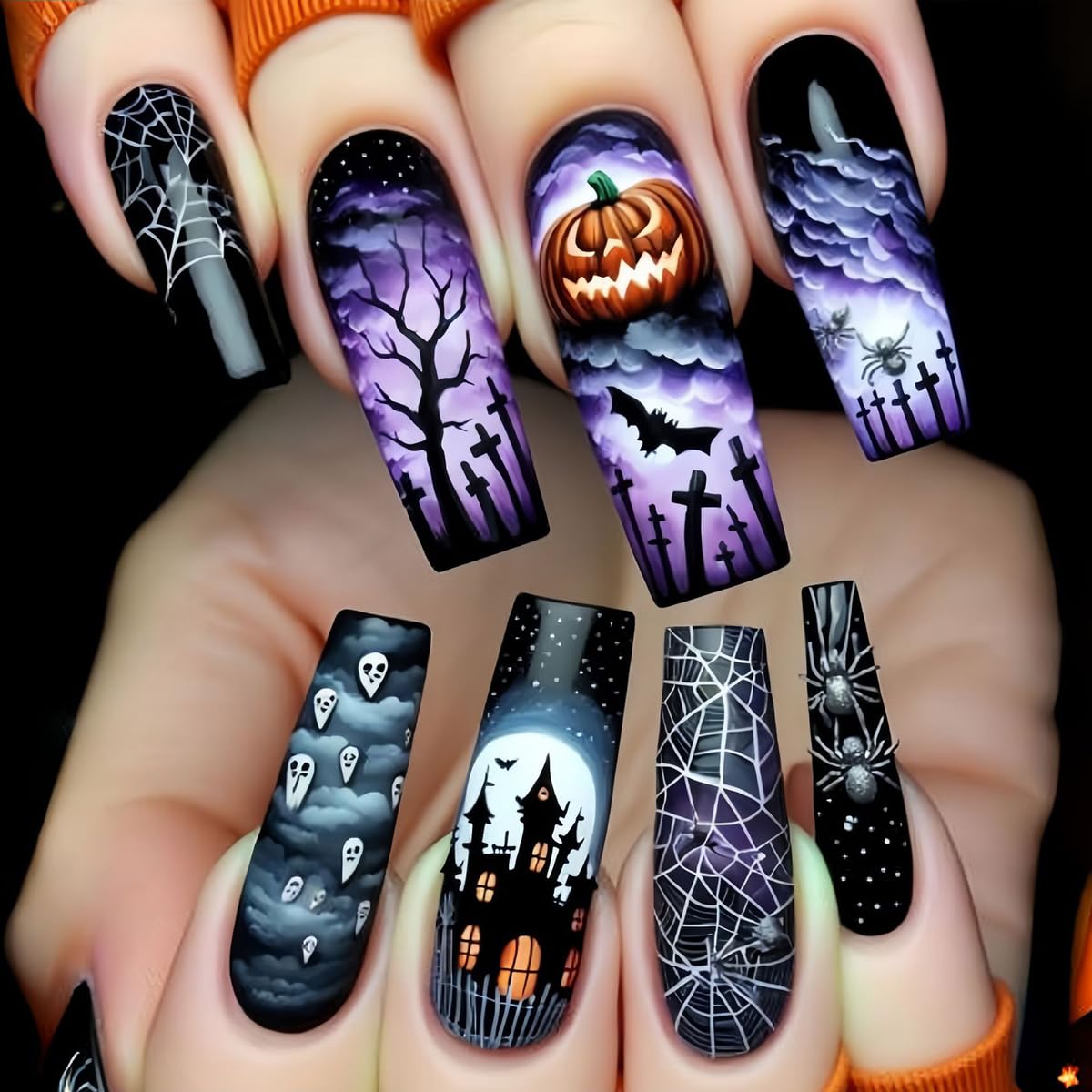 Photo 1 of 24Pcs Halloween Press on Nails Long Square Purple Ombre Fake Nails Black False Nails Press ons Horror Pumpkin Castle Spider Webs Design Glossy Acrylic Glue on Nails for Women Halloween Decorations