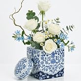 Goaste Square Ceramic Ginger Jar with Lid, 8.2 Inch Blue and White Ginger Jars Decorative, Chinoiserie Porcelain Flower Vase, Handmade Large Floral Canister for Home Decor, Office, Table Centerpieces