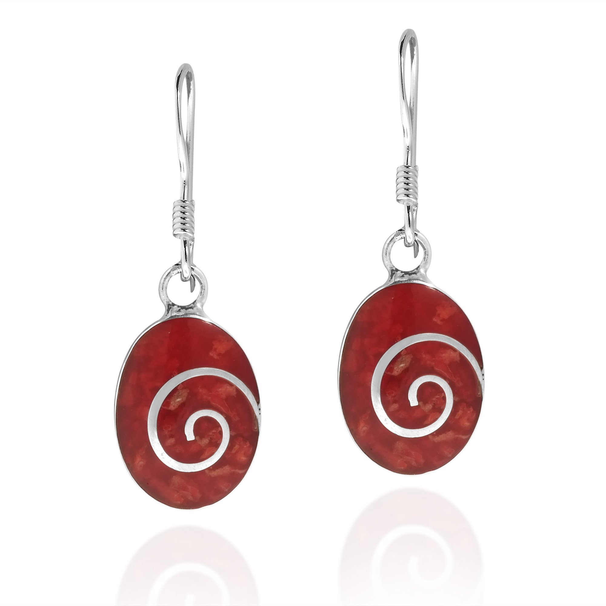 Charming Swirl Reconstructed Red Coral Oval Disc .925 Sterling Silver Dangle Earrings