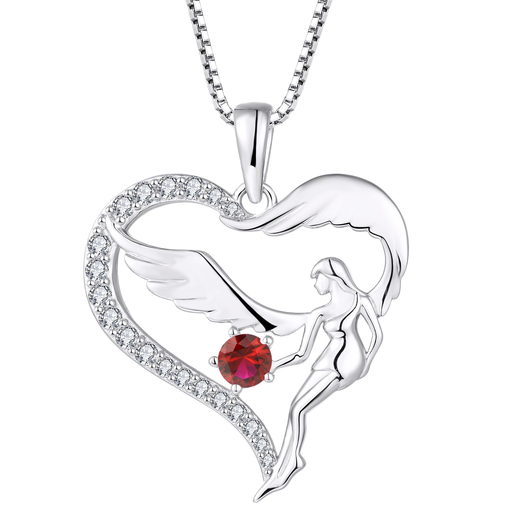 FJ Heart Guardian Angel Necklace 925 Sterling Silver Angel Wing Pendant July Birthstone Necklace Ruby Jewellery for Women