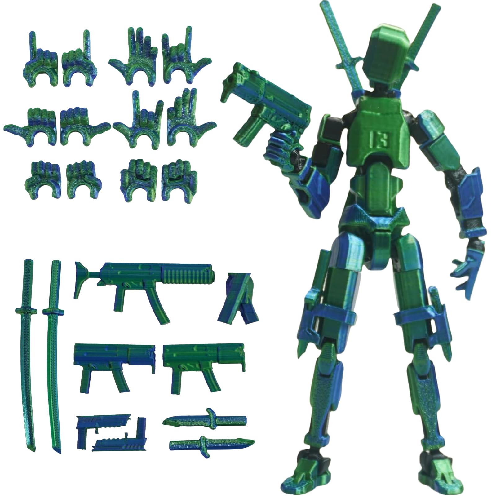 Photo 1 of Nemoro Pre-Assemly 3D Printed 5.54'' Stick Tian 13 Action Figure, Multi-Jointed Robo13, Articulated T13 Desktop Decoration,12 in 1 Accessories, Best Birthday Festival Gift (Blue Green)