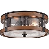 DEYNITE Farmhouse Ceiling Light Fixture 2-Light Hallway Ceiling Light in Black & Rustic Wood Grain Finish with Clear Seeded G
