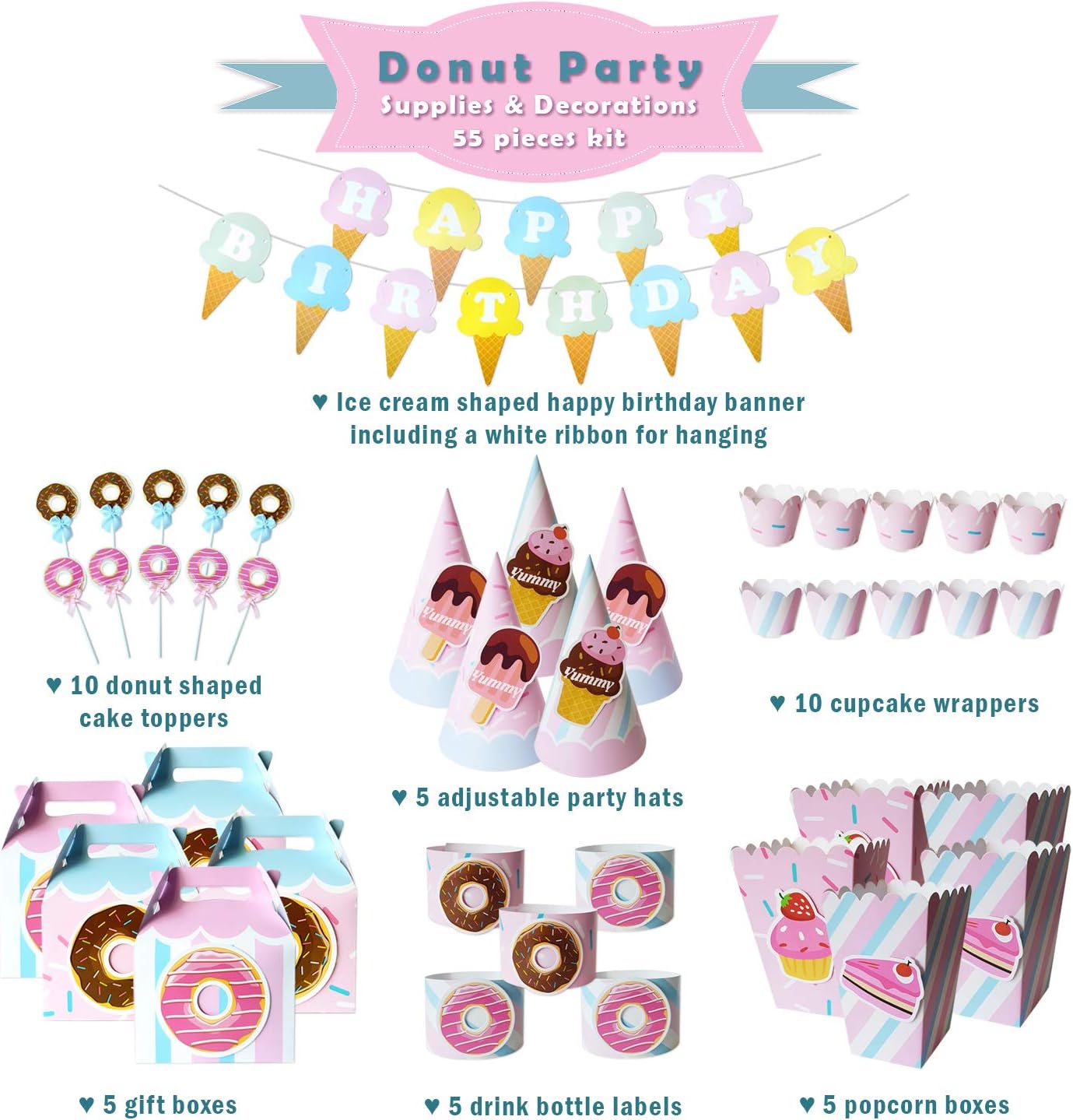 Donut Party Supplies and Decorations - Donut Themed Party Supplies Set and Tableware Kit | Donut Party Supplies for Girls Birthday Party Ice Cream Party Baby Shower & Donut Birthday Party Decorations