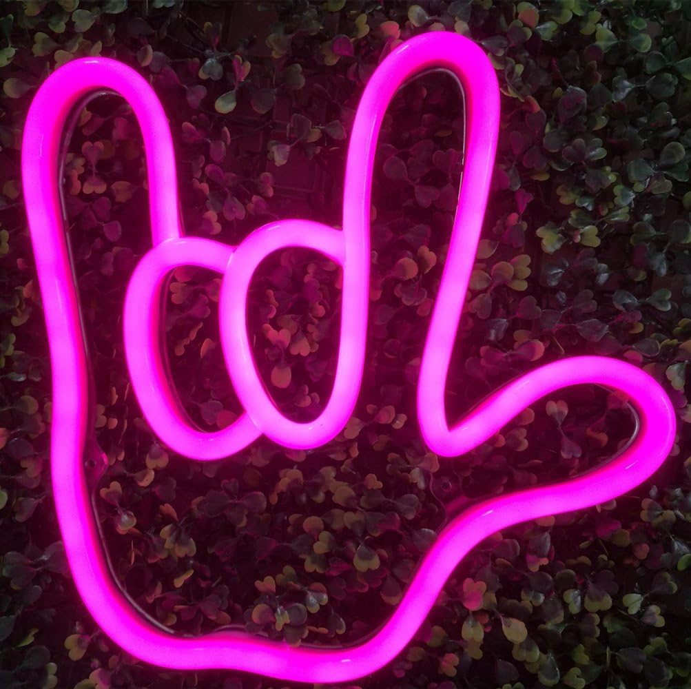 Neon Sign LED I Love You Gesture Finger Portable Battery Powered LED Neon Sign for Bedroom Living Room Christmas Party as Kids Gift (Pink, Love Gesture)
