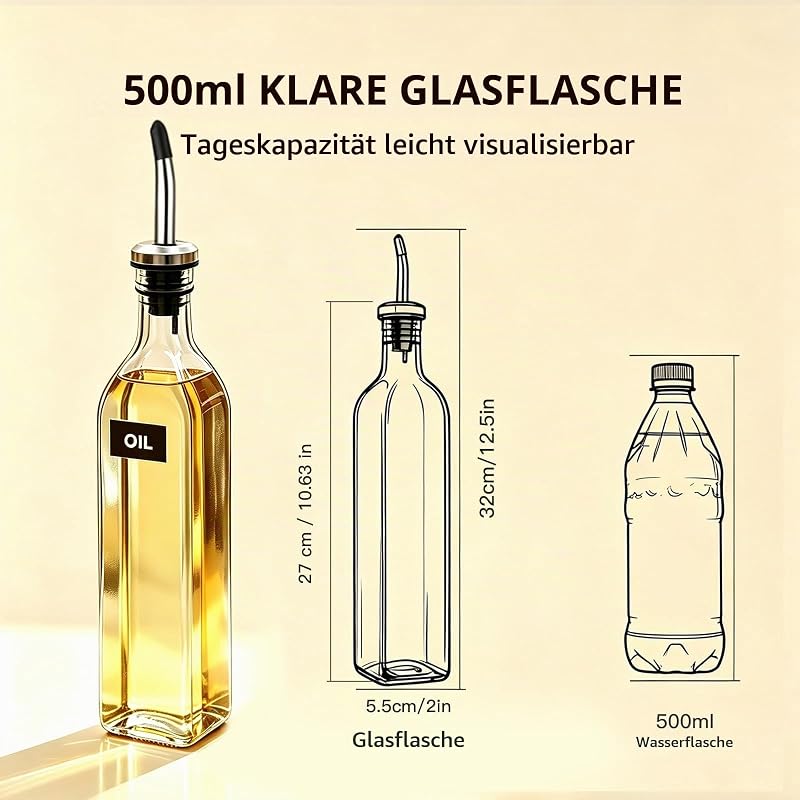 500ml Ölflasche,Essig und Ölspender Set mit Ausgießer,Olivenöl Flasche
