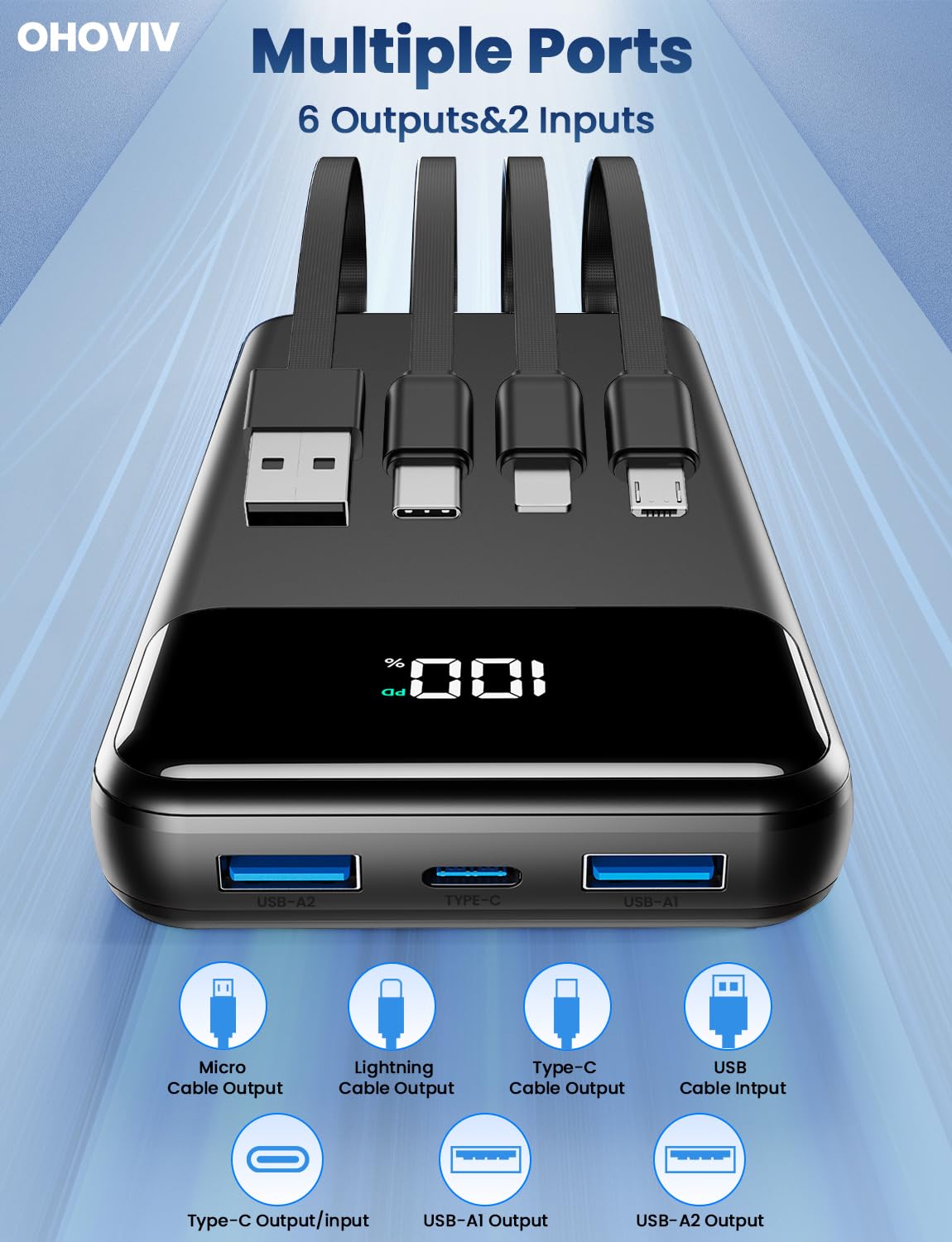 Portable Charger, 50000mAh Power Bank with Built in Cables, 22.5W Fast Charging Battery Pack, Portable Phone Charger for Travel Camping Essential,PowerBank Compatible with iPhone 17/16/15/14, Samsung