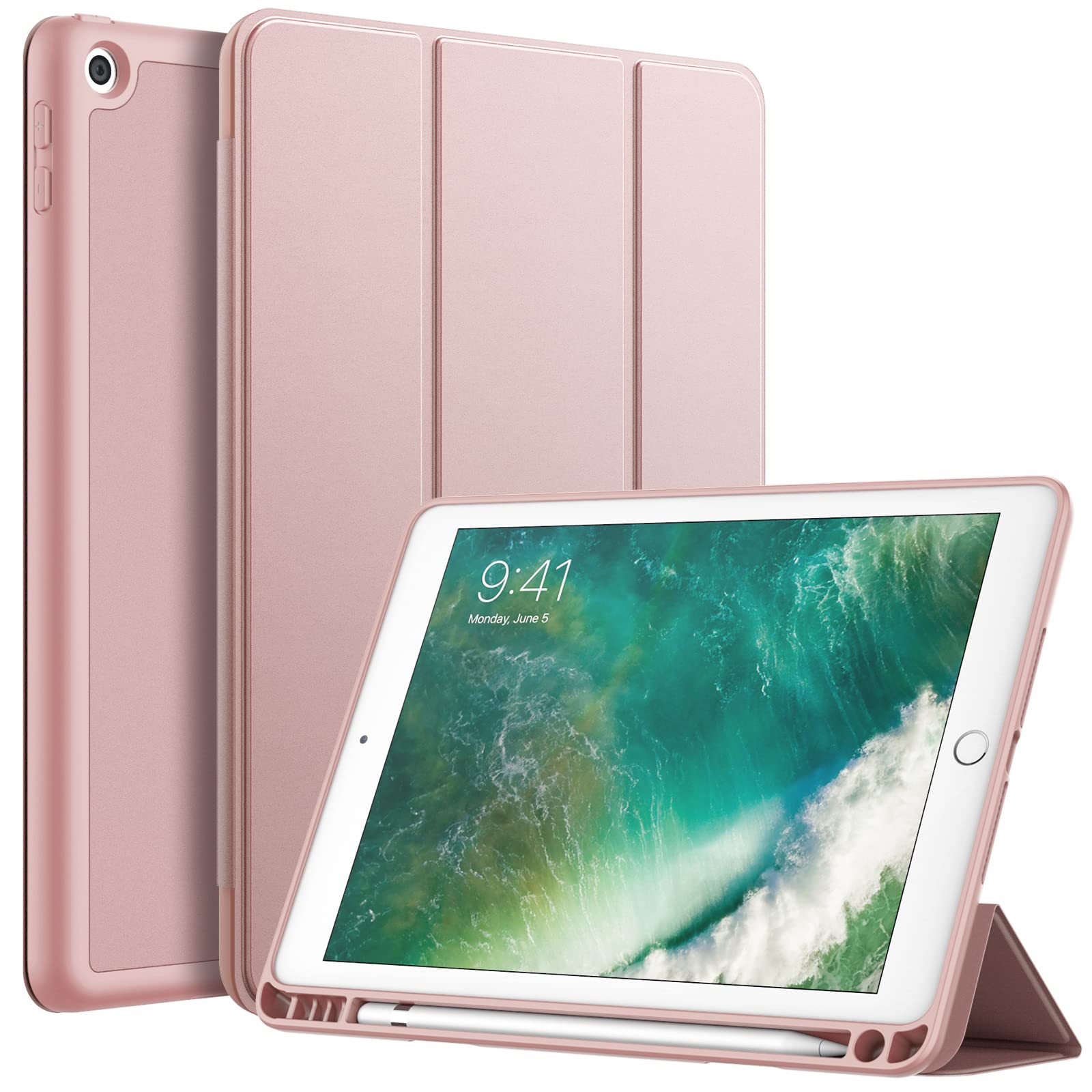 JETech Case for iPad 9.7-Inch (6th/5th Generation, 2018/2017) with Pencil Holder, Slim Tablet Cover with Soft TPU Back, Auto Wake/Sleep (Rose Gold)