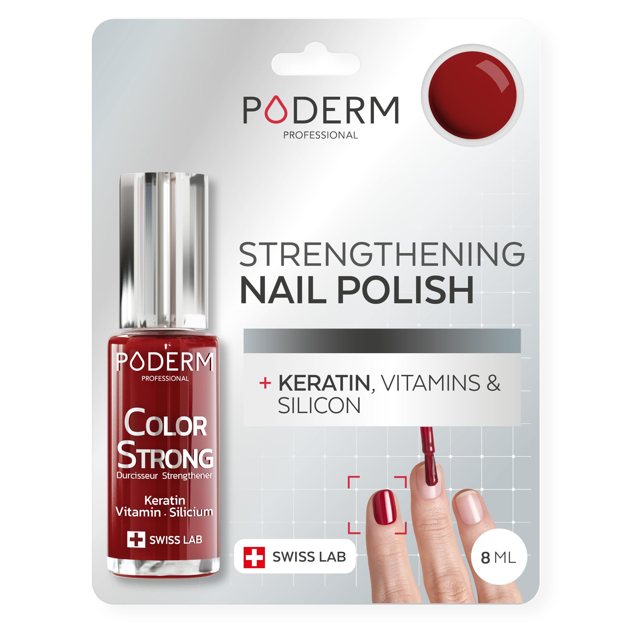 PODERM Nail Strengthener Polish - Red Allure | Repairs and Strengthens Nails Damaged & Weakened by Semi-Permanent Nail Polish | Biotin, Silicon and Keratin | Developed by a Podiatrist in Switzerland