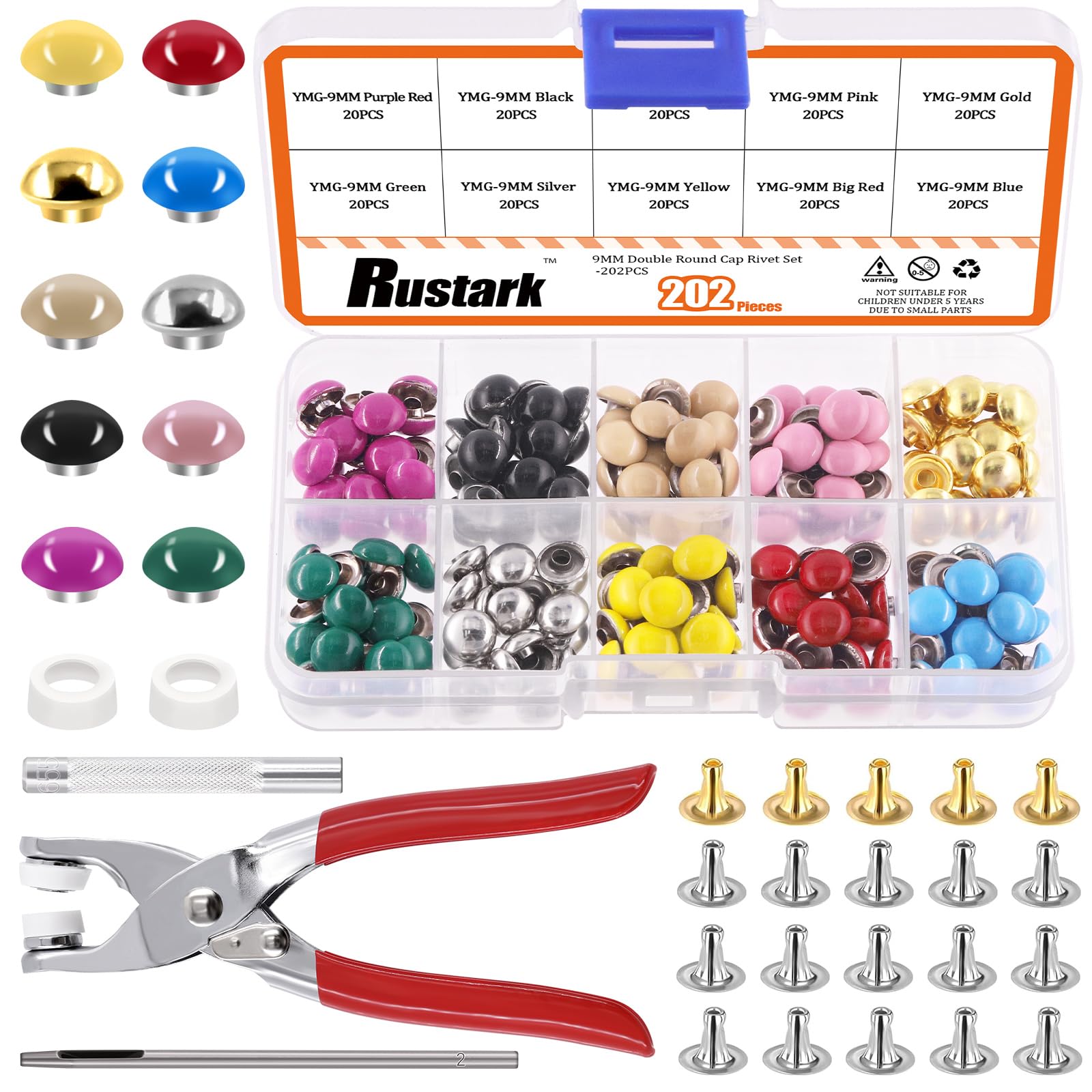 Rustark 200 Sets 9mm Double Round Cap Leather Rivets with 5Pcs Fixing Tools Kit, 10 Colors Double Cap Rivet Round Metal Studs for DIY Leather Craft Decorations