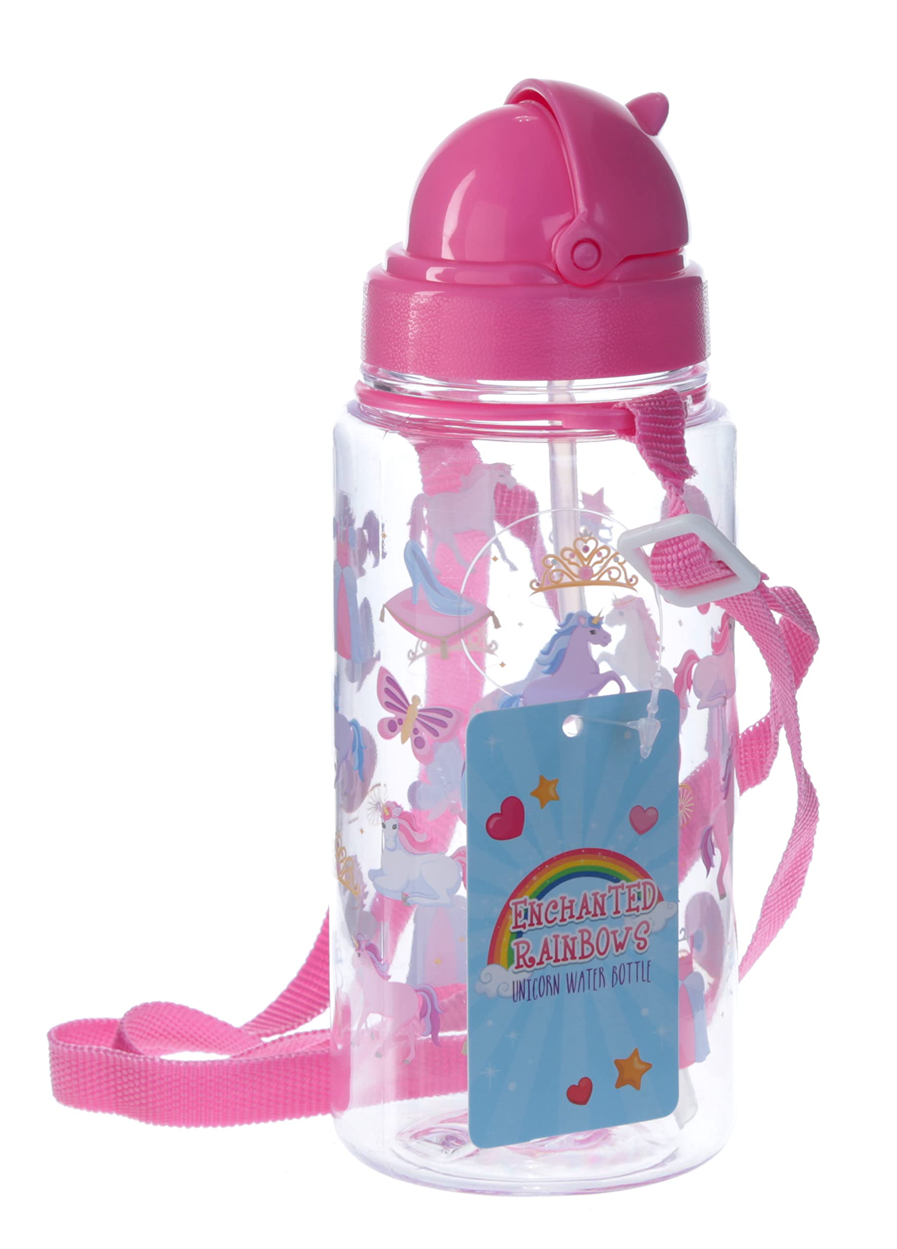 Puckator Enchanted Rainbows Unicorn - Kids Drinks Bottle with Straw - Reusable Water Bottle for Girls and Boys with an Attached Long Strap - Bpa Free - for School Nursery - Cute Design - Pp 450ml