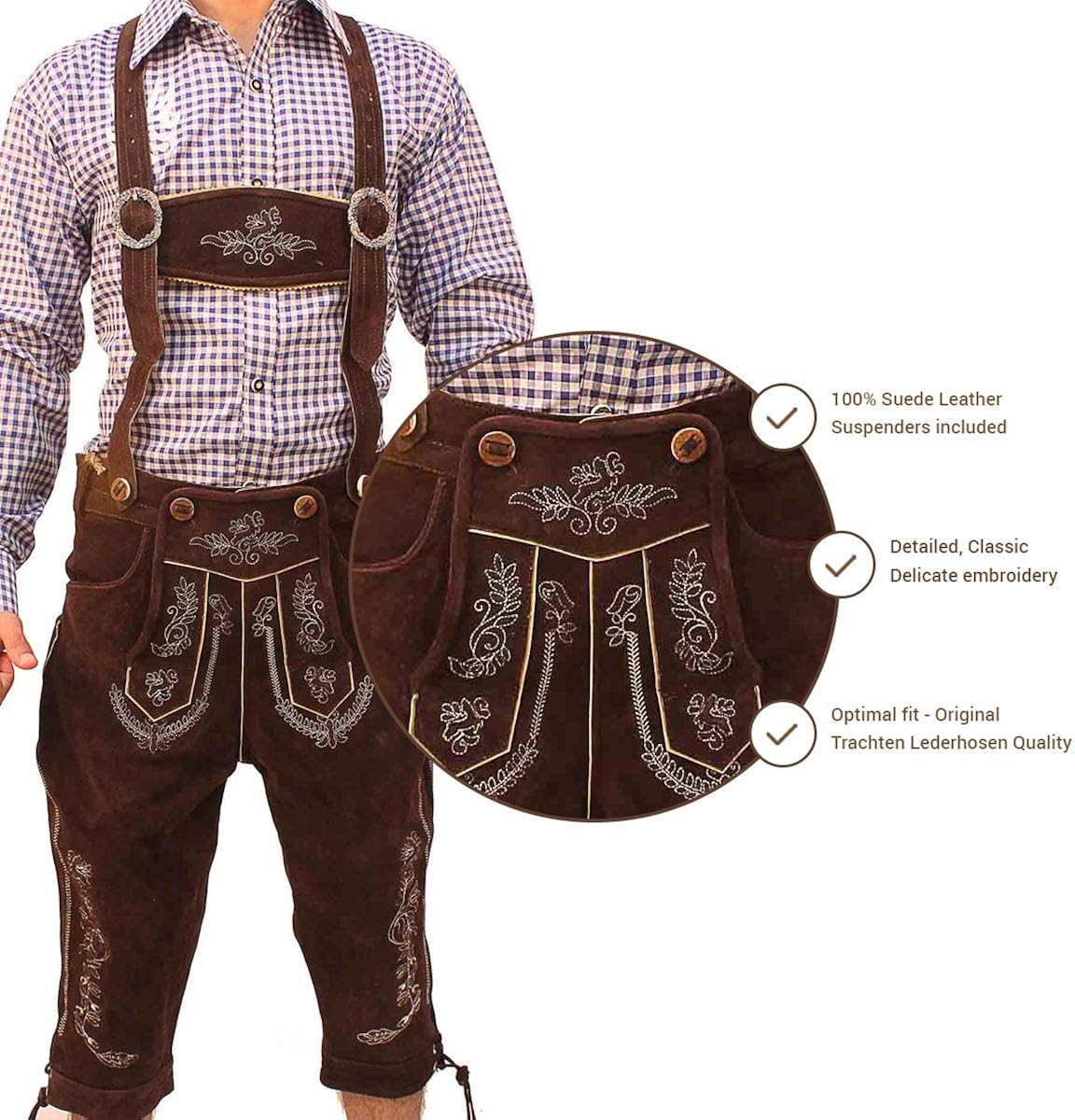 Lederhosen Store Oktoberfest Bavarian Bundhosen Men Authentic German Outfit Brown Deep Dark Brown: Clothing