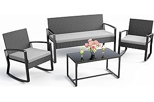 Ahomly 4 Piece Outdoor Patio Furniture Set, Wicker Patio Furniture with Glass Coffee Table, Rocking Wicker Bistro Set, for Backyard, Poolside, Porch (Grey)
