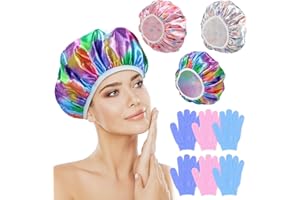my novel things Shower Cap Reusable Waterproof 3PC with Exfoliating Bath Glove 3 Pairs, Large Shower Caps for Women Satin Lined Long Hair Locs Curly All Hair