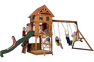 Backyard Discovery Atlantis All Cedar Wooden Swing Set, Upper Level with Bay Windows and Balcony, Lower Sand Box, Snack Windo