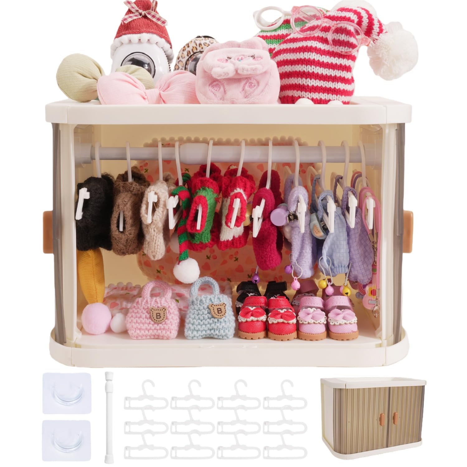 Photo 1 of Foldable 17cmDoll Wardrobe Compatible with Labubu Clothes Closet Organizer, Stackable Rack with 12 Hangers and Rod, Dust-Resistant Cover with Display Shelf
