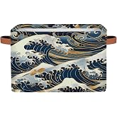 HSYOYO Ocean Waves Japanese Storage Basket with Handles Collapsible Storage Bins Rectangular Toy Storage Organizer Box Fabric Shelf Baskets for Nursery Bedroom Bathroom 1PC
