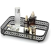 ELLDOO Black Perfume & Makeup Vanity Tray - Hollow-Carved Jewelry Storage, Glass & Metal Trinket Organizer for Dresser & Bathroom Countertop, Medium Size