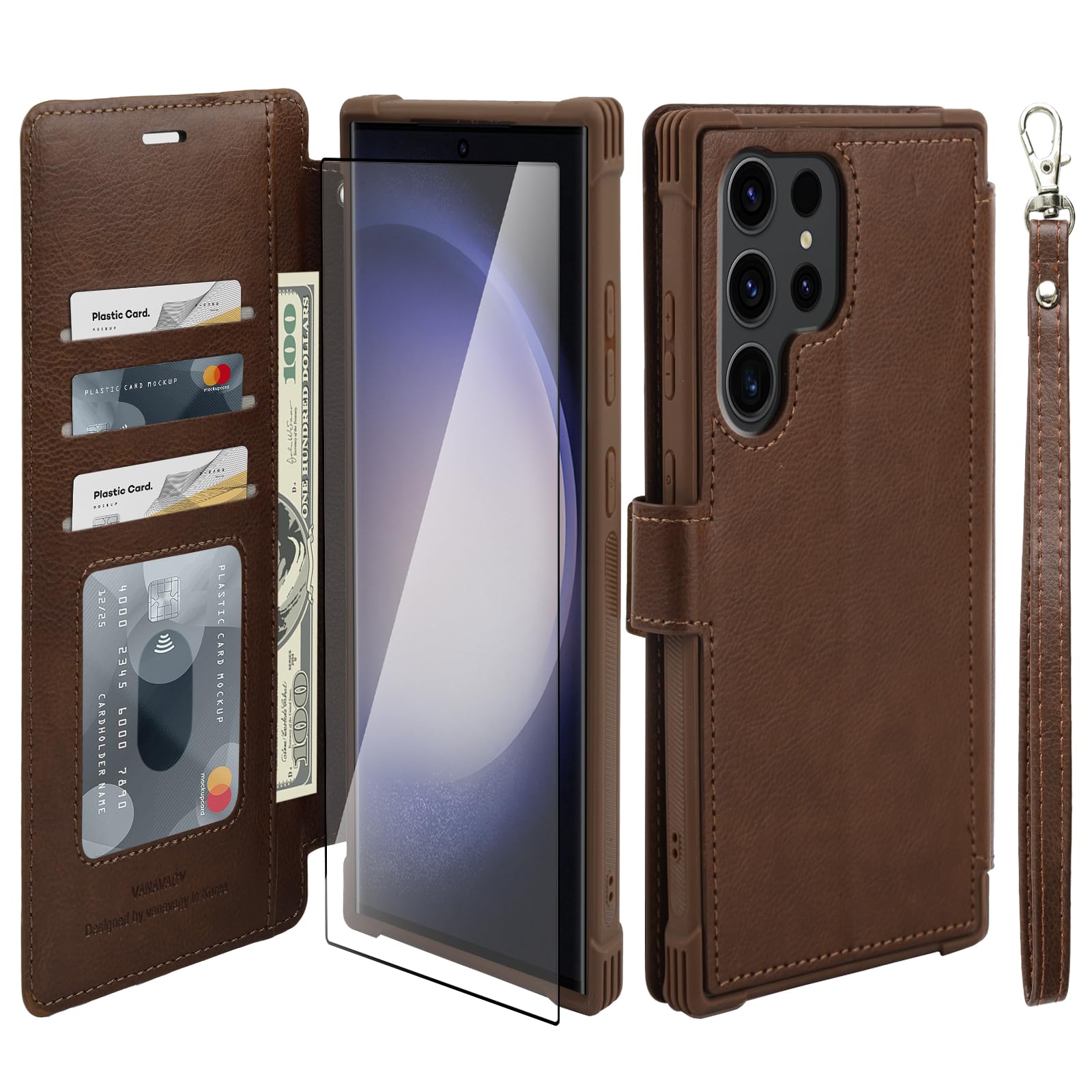 VANAVAGY Compatible for Galaxy S23 Ultra Wallet Case, 12ft Drop Protection, RFID Blocking PU Leather Flip Cover, Card Holder & Kickstand, Shockproof Phone Case for S23 Ultra-6.8 Inch,Brown