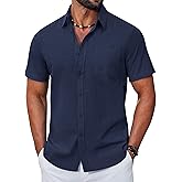 COOFANDY Mens Button Down Shirt Short Sleeve Casual Stylish Cotton Shirts Linen Textured Summer Beach Wedding Shirt