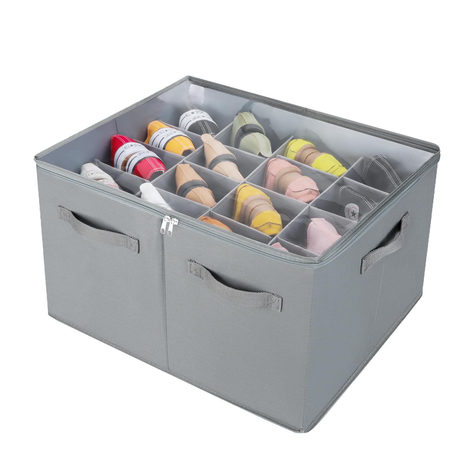 Photo 1 of TOPIA HOME Shoe Organizer for Closet, Foldable Shoe Box with Adjustable Dividers and Clear Cover, Space Saving Shoe Storage Organizer Cabinet with Reinforced Handles, Fits 16 Pairs, Gray, TP09G