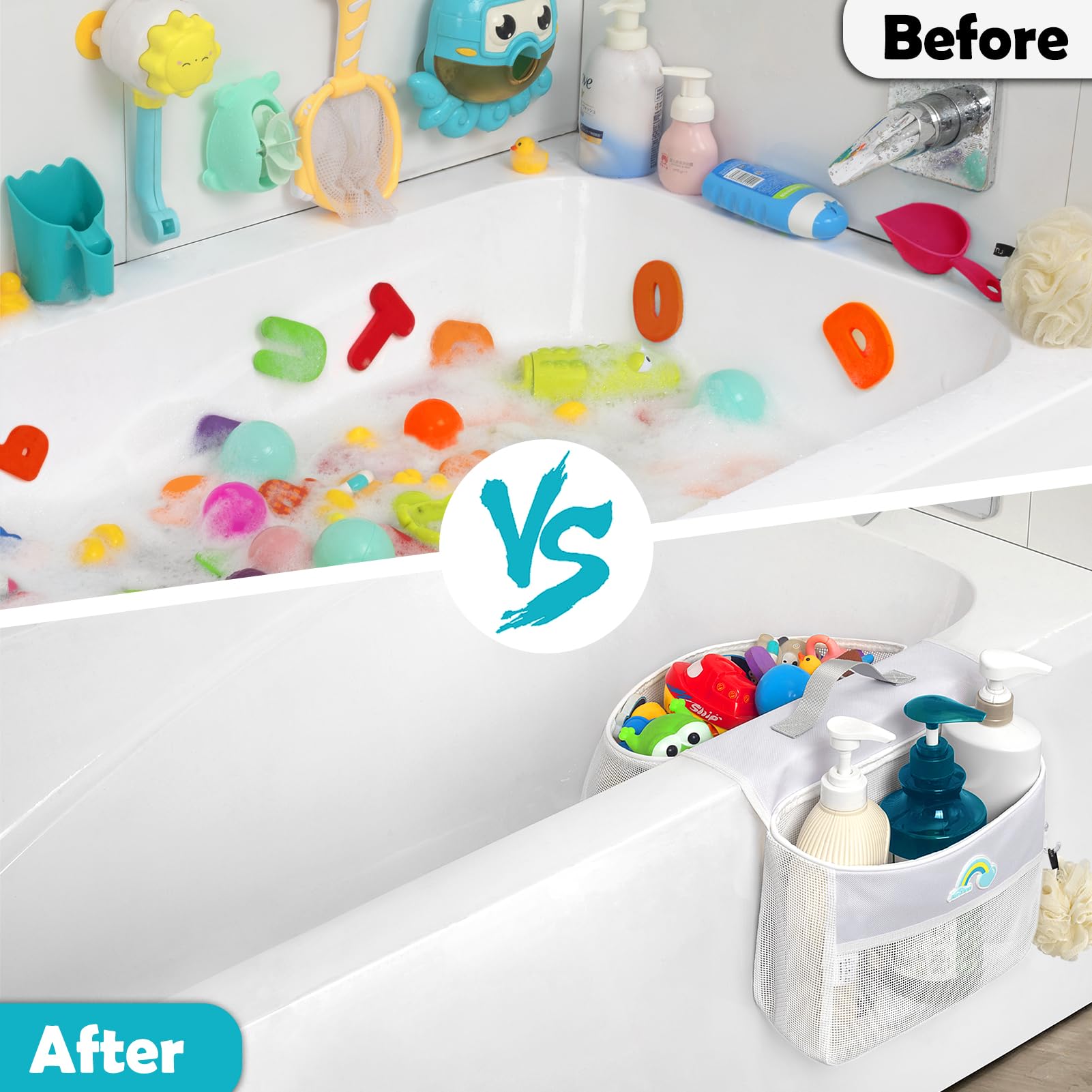 Saddle shape 2 Compartments Bath Toy Organizer, Easy Access for Children, Wide Opening Bath Toy Holder for Drying Toys and Storage, Mesh Shower Toy Holder and Bath Tub Toy Storage Organizer for Tub.