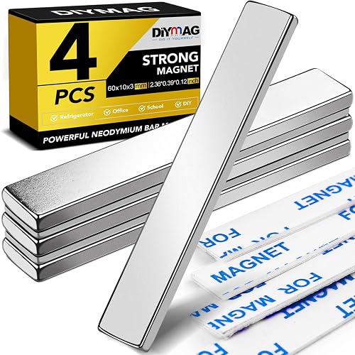 DIYMAG Bar Magnets, Rare Earth Magnets with Double-Sided Adhesive, Heavy Duty Magnet Perfect for Kitchen, DIY, Fridge, Garage, Science, Craft, Office-60x10x3mm, 4 Packs