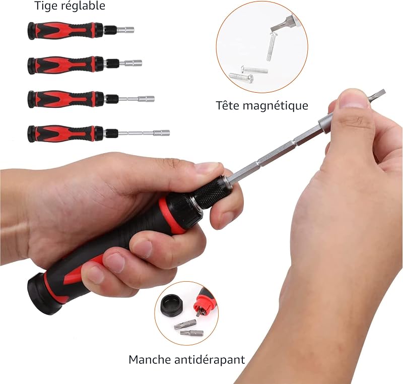 Ensemble clés magnétiques à cliquet et tournevis de précision pour l'électronique, 73 unité, lot de 1, Argent, Noir, Rouge