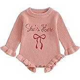 Baby Girls Knitted Romper Embroidery Bow Letters SHE is HERE Ruffled Sweater Winter Newborn Infant Clothes